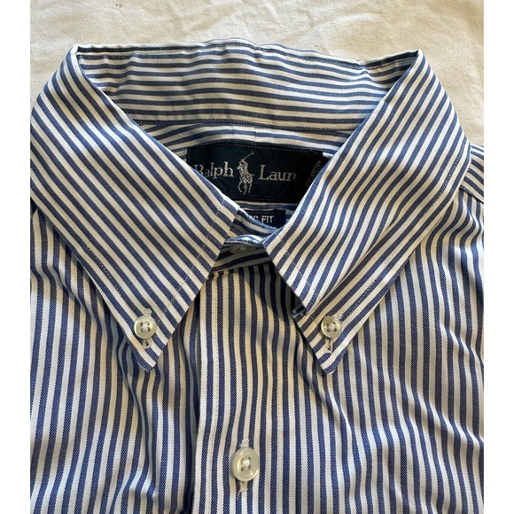 Ralph Lauren Classic Fit Blue/White Striped w/Blue Pony Button Shirt Size 16.5 - Picture 9 of 11